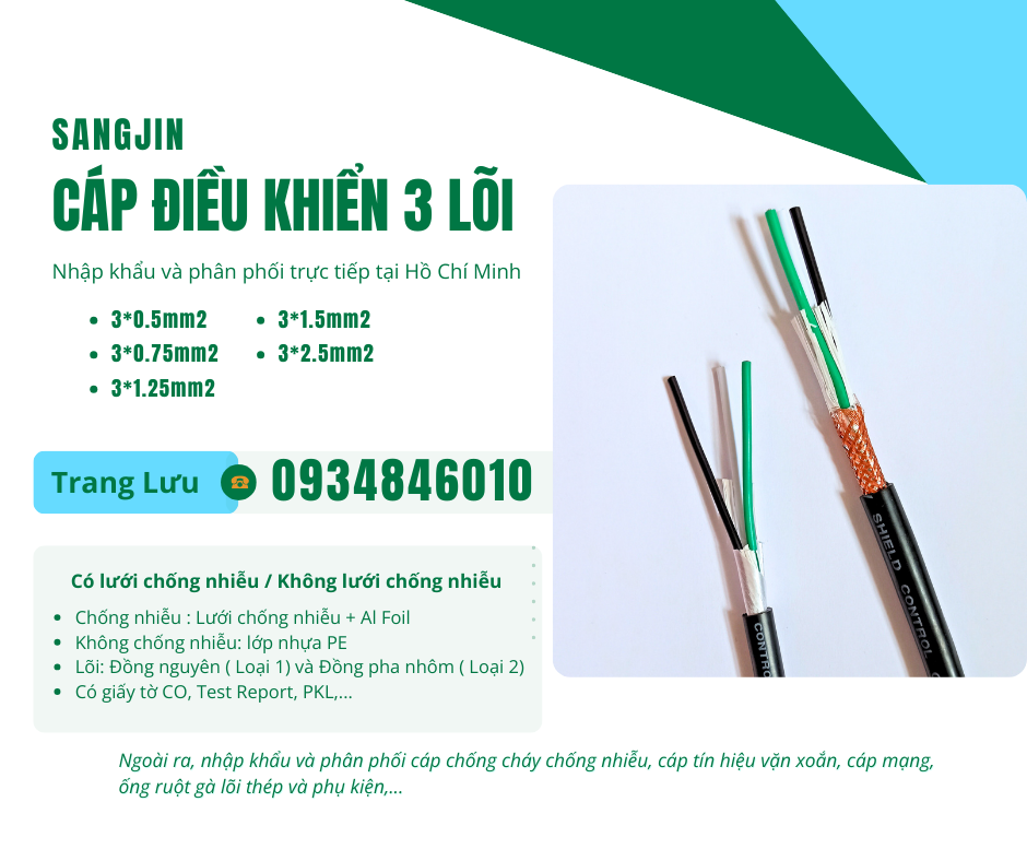 Cáp điều khiển 3x0.5/3x0.75/3x1.25/3x1.5/3x2.5 Đồng Nai, Vũng Tàu, Khánh Hòa