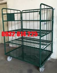 Xe đẩy hàng, xe đẩy 4 bánh, Lồng sắt đựng hàng có bánh xe và vách ngăn