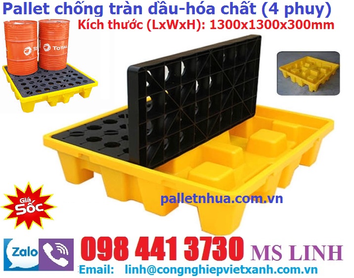 Pallet chống tràn dầu - hóa chất 4 phuy 1300x1300x300mm