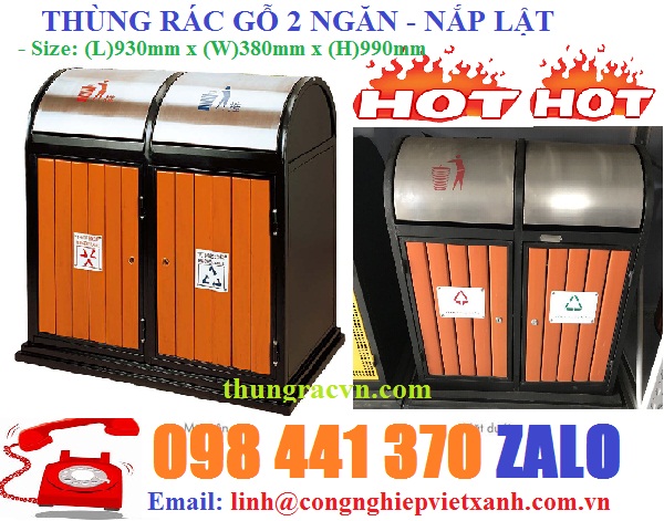 Thùng rác 2 ngăn nắp lật bằng gỗ, thùng rác gỗ 2 ngăn, thùng rác phân loại 2 ngăn bằng gỗ