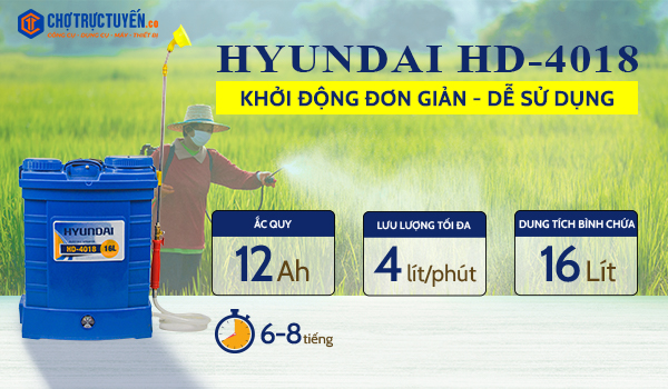 Bình xịt điện HYUNDAI HD-4018 (16L), lưu lượng 4 lít/phút, ắc quy 12AH, bộ bơm HD-4080