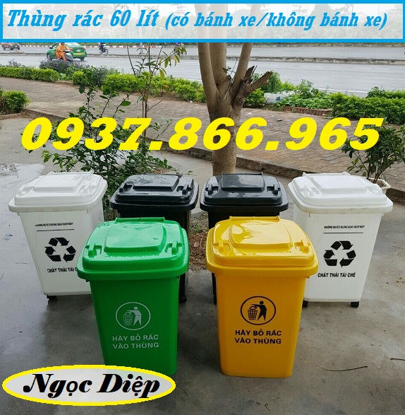 Thùng rác HDPE 60 lít, thùng rác 60 lít nắp kín, thùng rác 4 bánh xe 60 lít