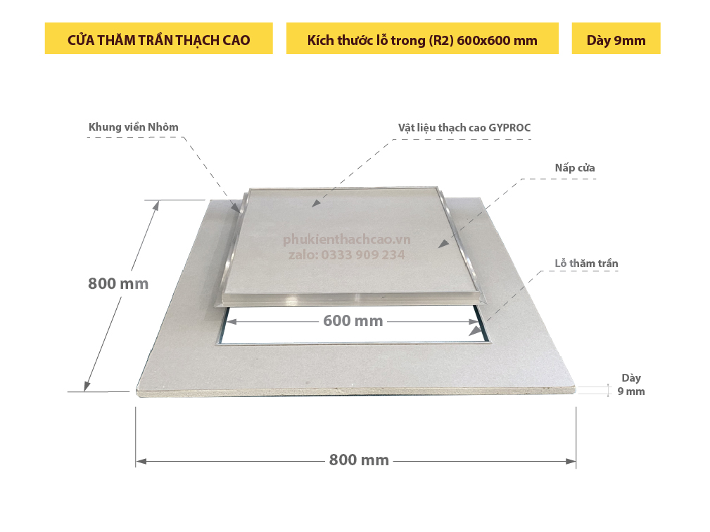 Cửa thăm trần thạch cao 600x600mm loại 1 lớp tiêu chuẩn