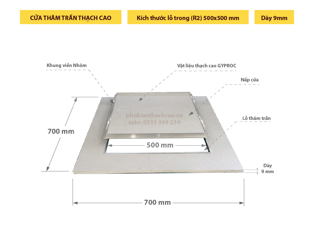 Tấm thăm trần thạch cao 500x500mm loại 1 lớp tiêu chuẩn