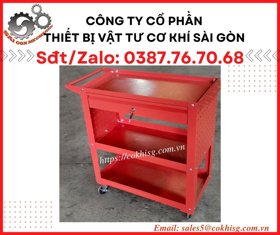 Xe đẩy đồ nghề 3 tầng - Có ngăn kéo và vách treo dụng cụ