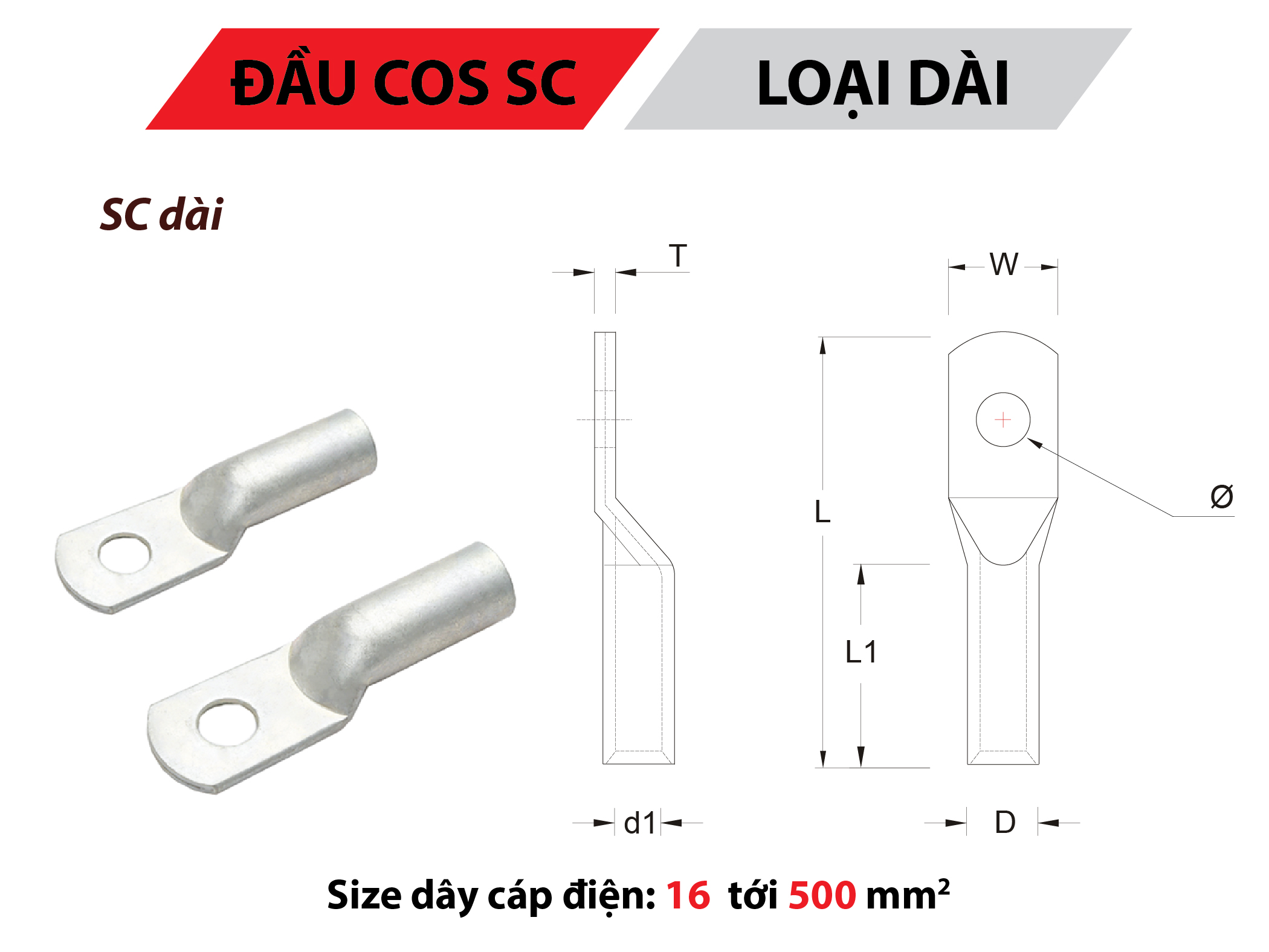 Đầu cos SC dài bằng đồng M16 M25 M35 M50 M70 M90 M120 M150 M185 M240 M300 M400