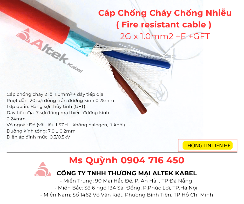Cáp Chống Cháy Chống Nhiễu Fire resistant cable 2x1.0mm2 E GFT Altek Kabel Đà Nẵng, Hà Nội, Sài Gòn