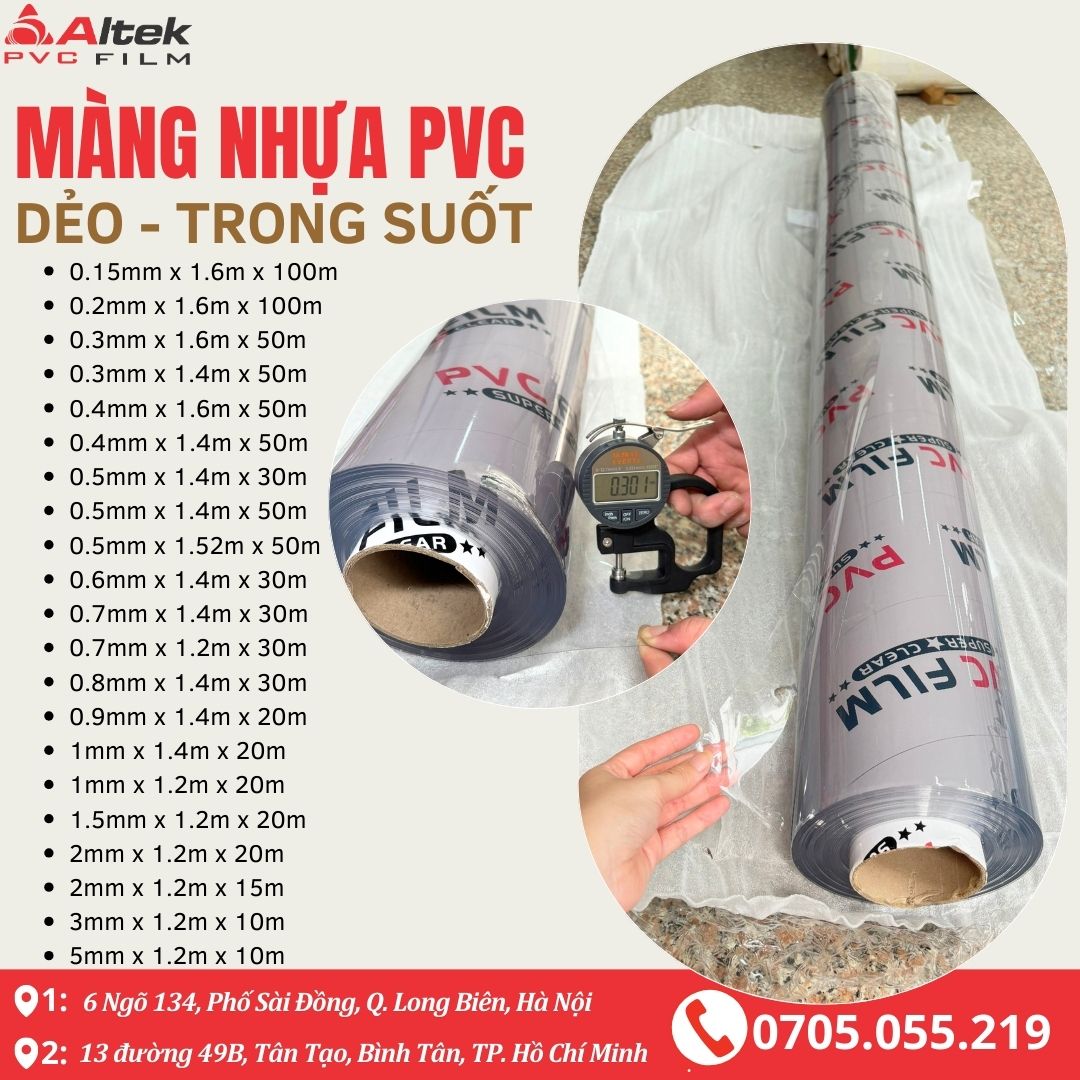 Màng Nhựa Pvc Dẻo Trong Suốt Altek 0.05mm 0.06mm 0.07mm 0.08mm 0.1mm 0.12mm 0.15mm 0.2mm 0.3mm 0.4mm 0.5mm 0.6mm 0.7mm 0.8mm 0.9mm 1mm 1.5mm 2mm 3mm 5mm