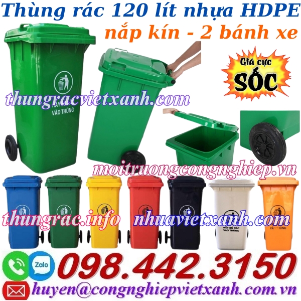 Thùng rác 120 lít nắp kín - nhựa HDPE - 2 bánh xe