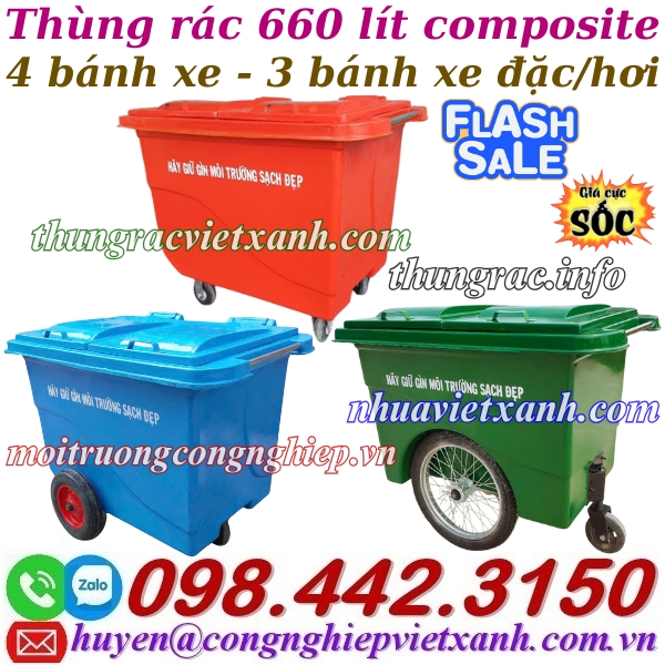 Thùng rác 660 lít nhựa composite 4 bánh xe và 3 bánh xe