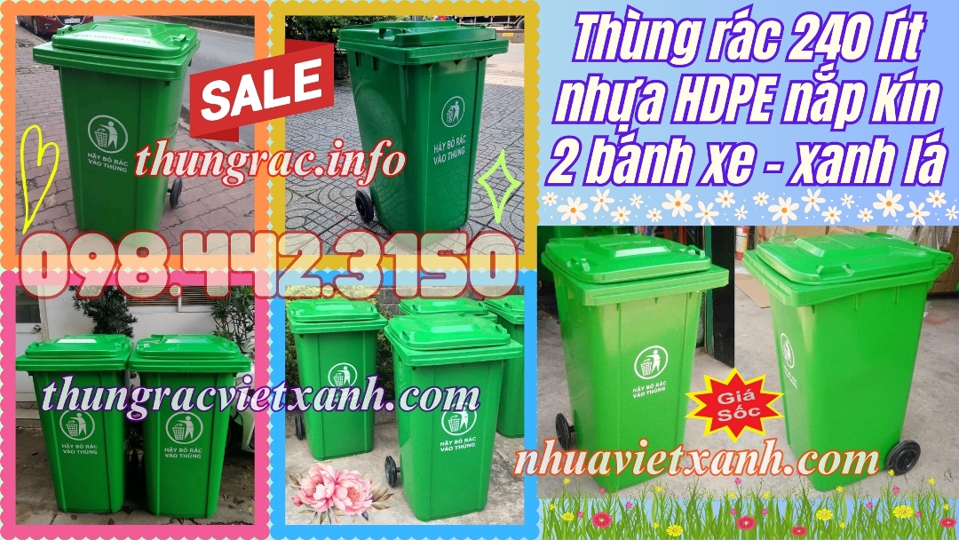 Thùng rác nhựa 240 lít nắp kín màu xanh lá