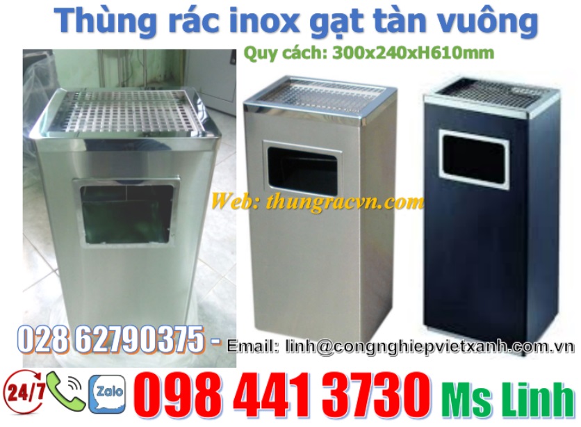 THÙNG RÁC INOX VUÔNG CÓ GẠT TÀN / THÙNG RÁC INOX GẠT TÀN 240X240X610MM / THÙNG RÁC GẠT TÀN INOX 300X240X610MM