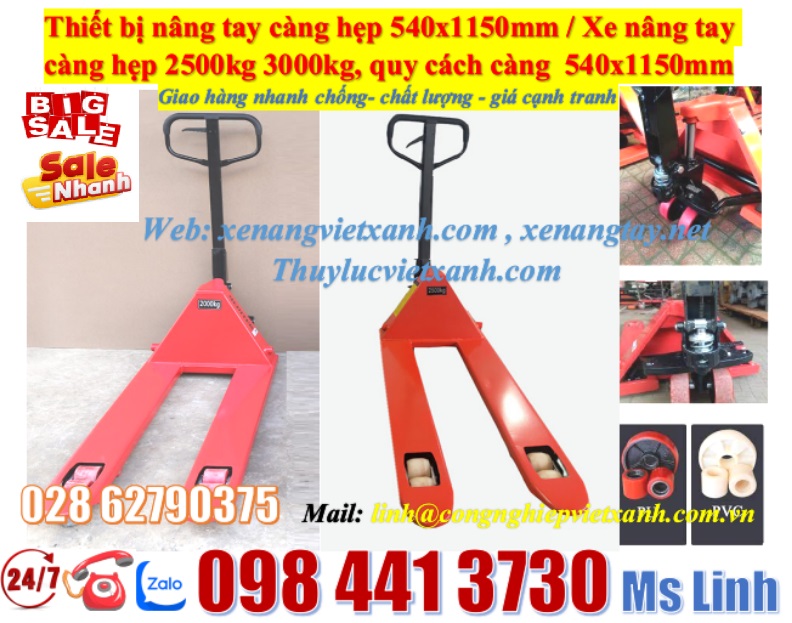 Xe nâng tay càng hẹp 2,5 tấn có càng 540x1150mm.