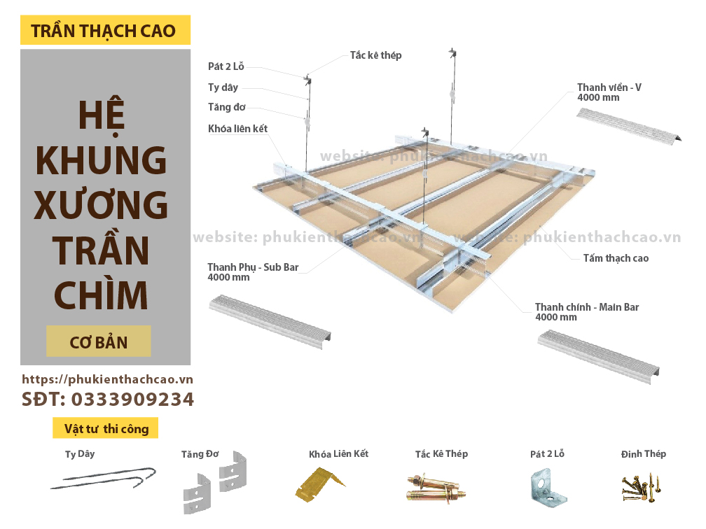 Trần thạch cao khung chìm thanh chính phụ U C Main Bar Furring channel 4000mm 4m