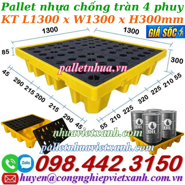 Pallet nhựa chống tràn 4 phuy KT 1300x1300x300mm
