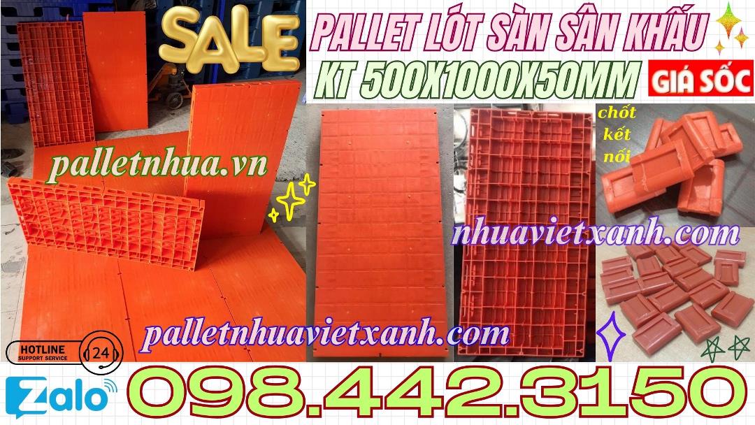 Pallet nhựa lót sàn sân khấu 1000x500x50mm mặt liền màu cam