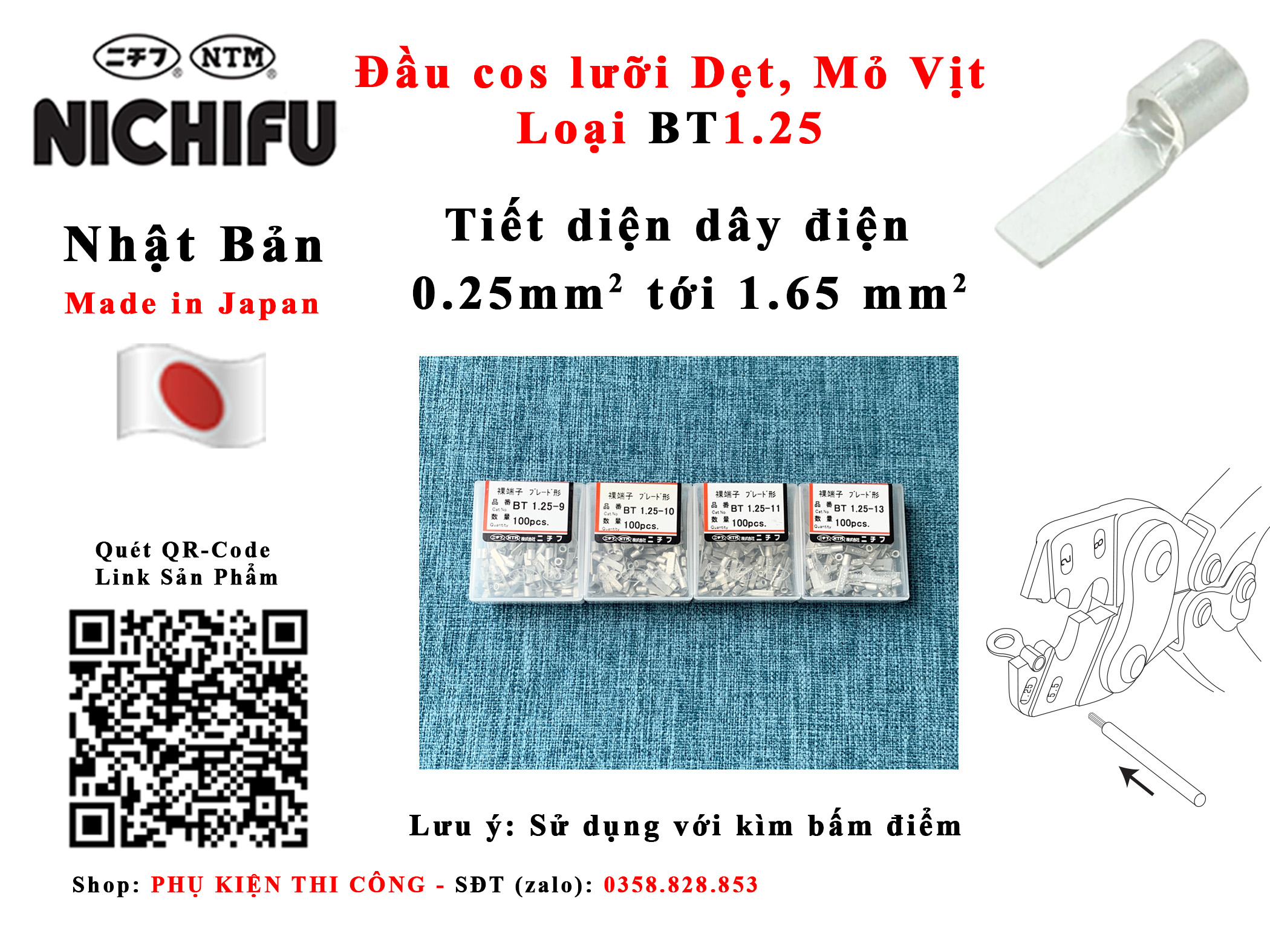 Đầu cos kim lưỡi dẹt mỏ vịt Nichifu BT1.25-9 BT1.25-11 BT1.25-13 0.5 1 1.5 mm2