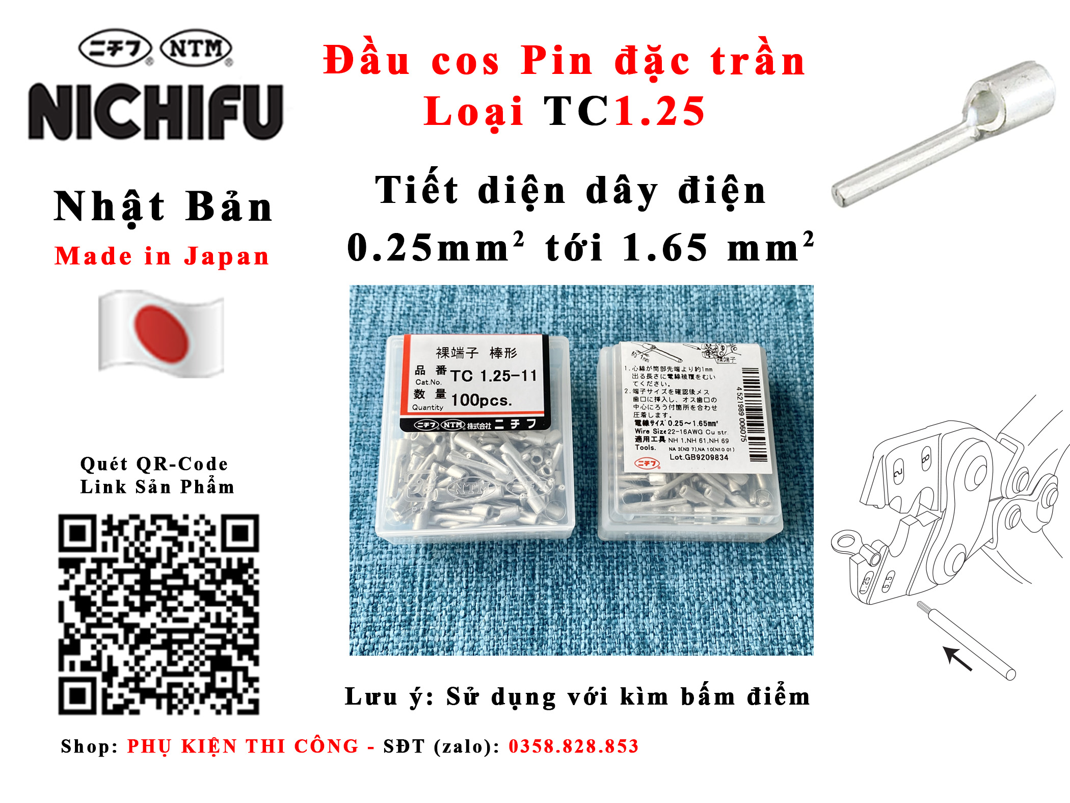 Đầu cos kim pin đặc trần Nichifu TC1.25-11 TC1.25-11S 0.3 0.5 0.75 1 1.5 mm2