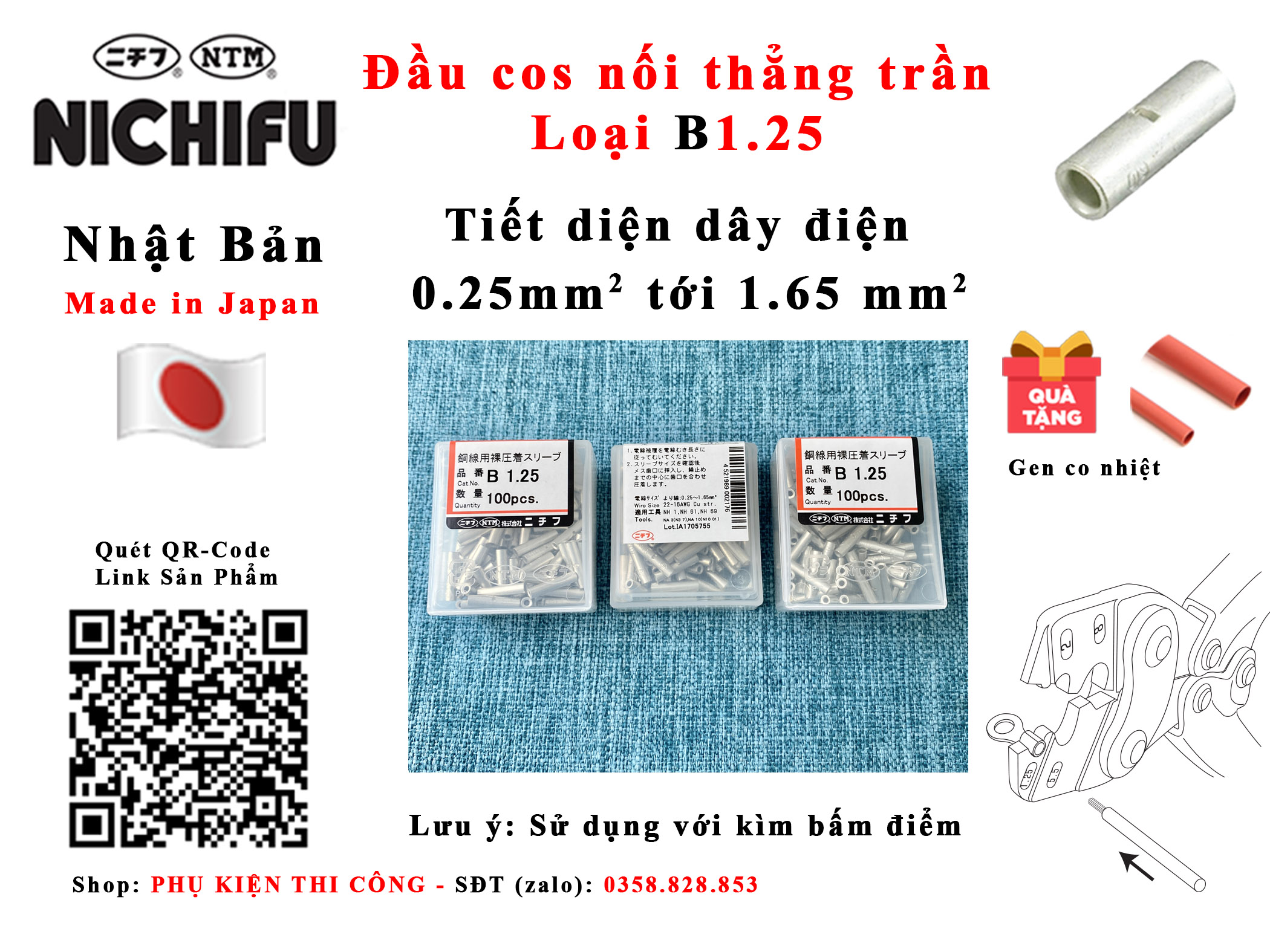 Đầu cos nối dây điện dạng thẳng Nichifu B1.25 dây 0.25 0.3 0.5 0.75 1.0 1.5 mm2