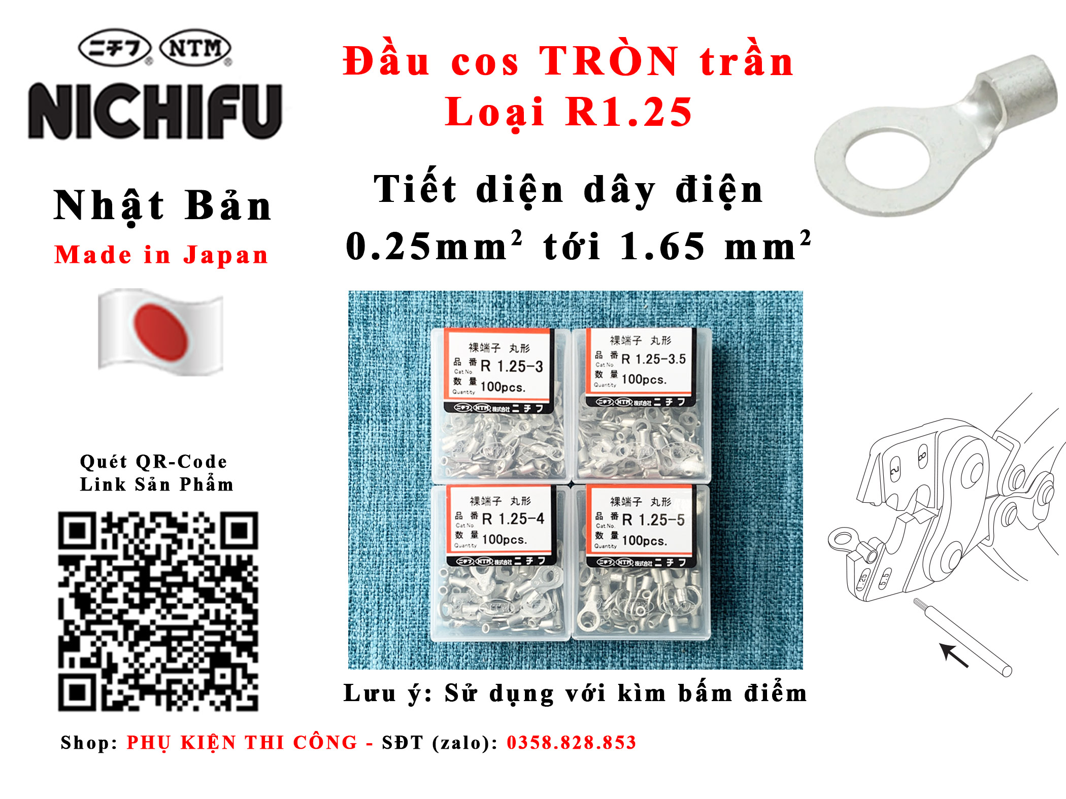 Đầu cos tròn Nichifu R1.25-3 R1.25-3.5 R1.25-4 R1.25-5 0.3 0.5 0.75 1.0 1.5 mm2