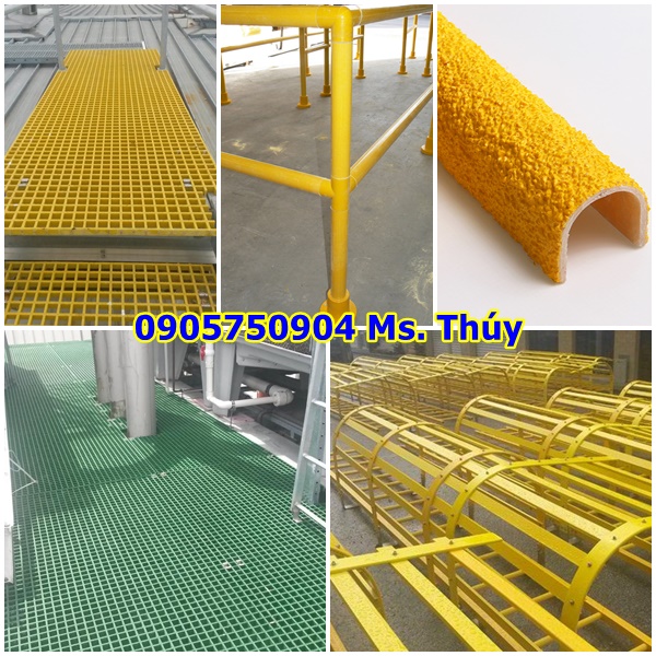 Thang lồng frp màu vàng, lan can tay vịn frp, sàn lót frp grating