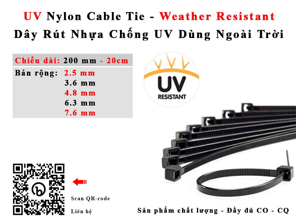 Dây rút thít nhựa 20cm dài 200mm bản rộng 2.5 3.6 4.8 6.3 7.6 mm cản chống UV