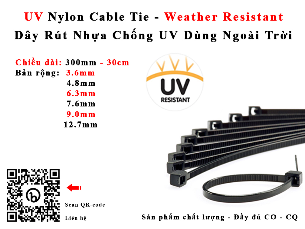 Dây rút thít nhựa 30cm 300mm bản rộng 3.6 4.8 6.3 7.6 9.0 12.7 mm cản chống UV