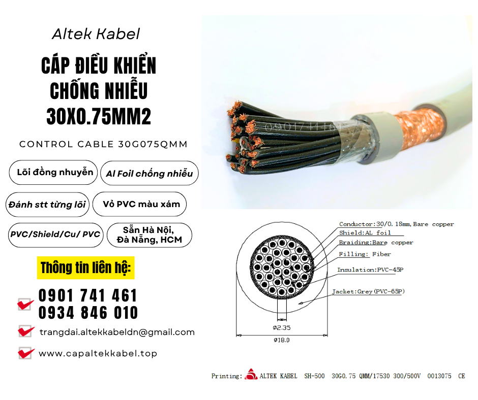 Cáp điều khiển, cáp tín hiệu Altek Kabel 30x0.75 chống nhiễu sẵn Đà Nẵng, Hà Nội, Sài Gòn
