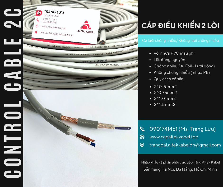 Cáp điều khiển RVVP/CXV 2x0.5, 2x0.75, 2x1.0, 2x1.5 Hà Nội, Đà Nẵng, HCM