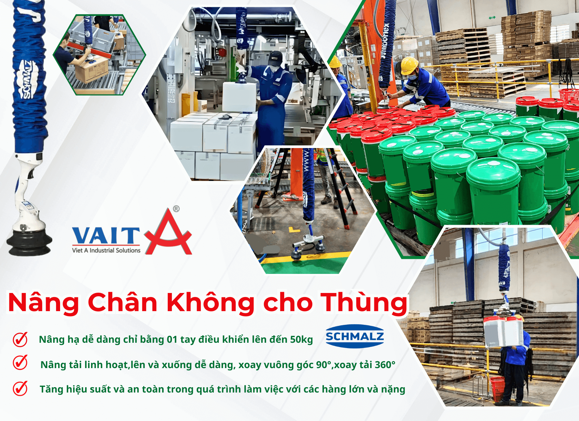 Thiết bị nâng hạ/ bộ nâng chân không bao, thùng sơn, thùng carton Schmalz