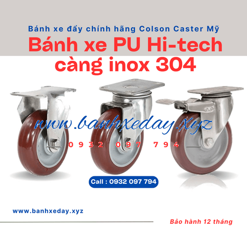 Bánh xe càng inox 304 Colson Mỹ PU đỏ phi 75x32, 100x32, 125x32