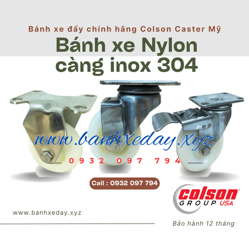 Bánh xe inox 304 Colson Mỹ Nylon phi 75x32, 100x32, 125x32mm