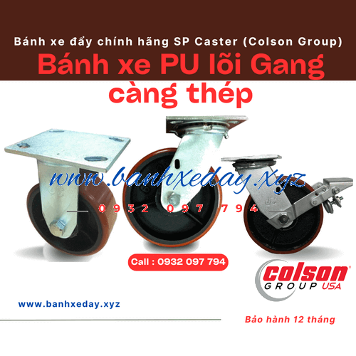 Bánh xe PU lõi Gang chịu lực SP Caster phi 100, 125, 150, 200x51mm