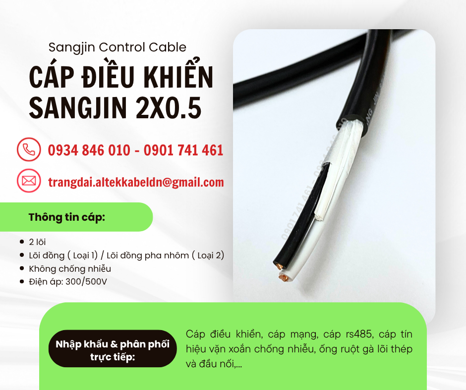 Cáp điện Sangjin, cáp điều khiển 2x0.5 không lưới chống nhiễu tại Hồ Chí Minh
