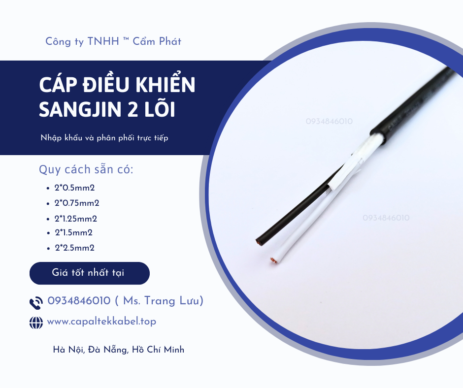 Cáp điều khiển Sangjin 2x0.5/2x0.75/2x1.25/2x1.5/2x2.5 Bình Dương, Đồng Nai, HCM