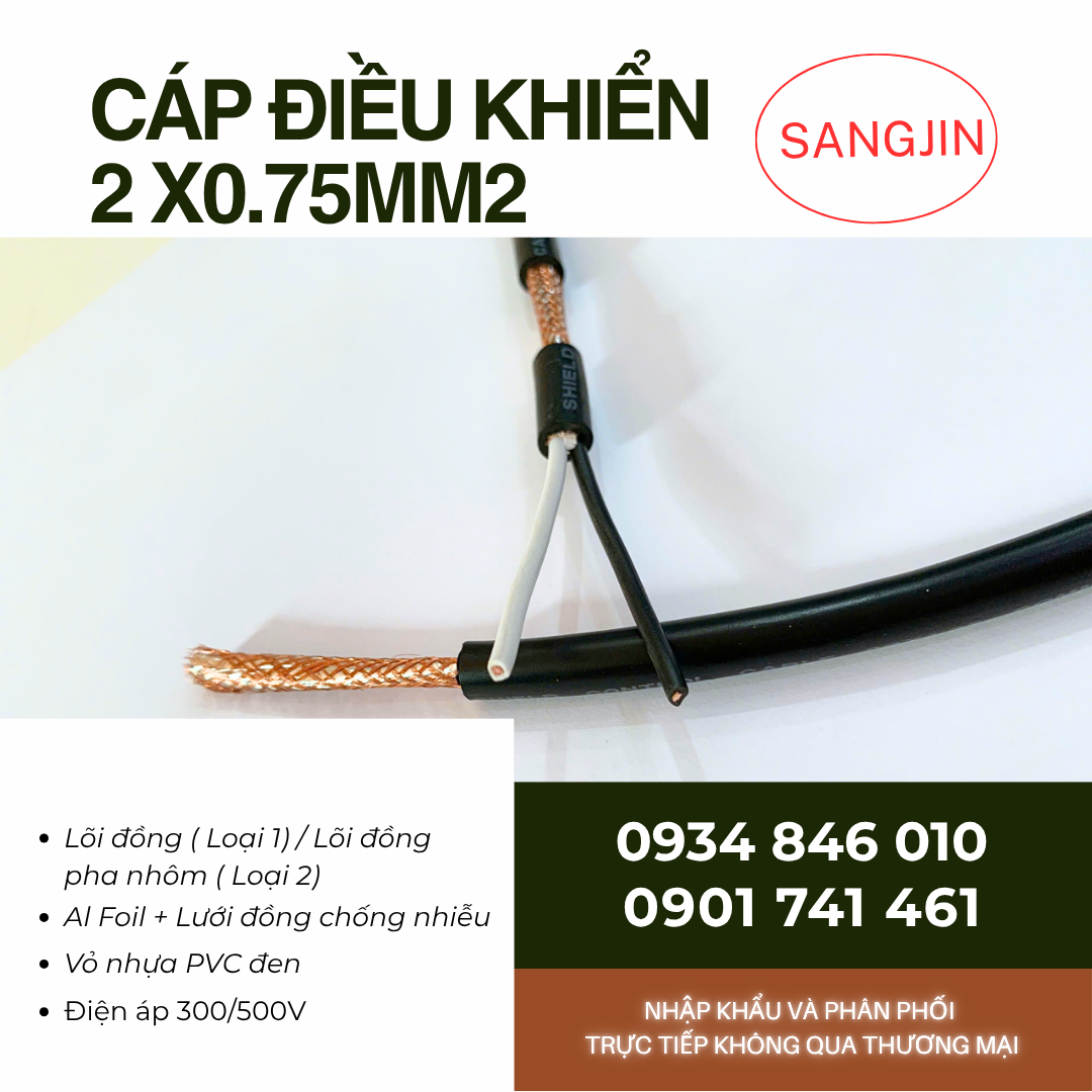 Cáp điều khiển Sangjin 2x0.75mm2 có lưới sẵn Sài Gòn, Bình Dương, Đồng Nai
