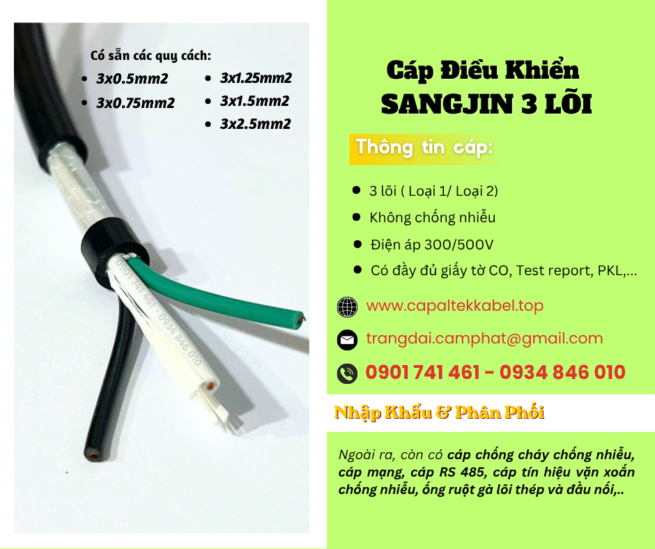 Cáp điều khiển Sangjin 3x0.5/ 3x0.75/ 3x1.25/ 3x1.5/ 3x2.5