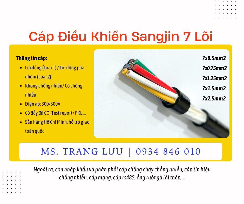Cáp điều khiển Sangjin 7x0.5/7x0.75/7x1.25/7x1.5/7x2.5 sẵn Sài Gòn, Bình Dương
