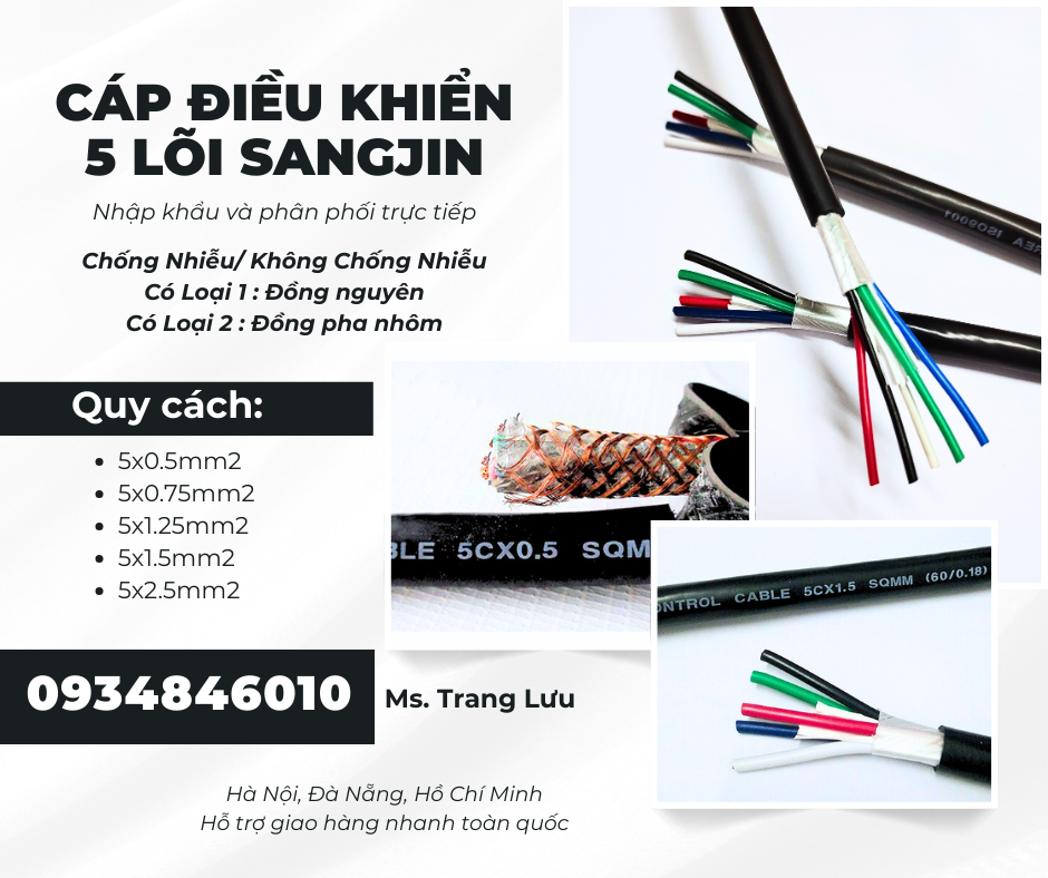 Cáp RVVP/ CXV 5x0.5/5x0.75/5x1.25/5x1.5/5x2.5 sẵn HCM