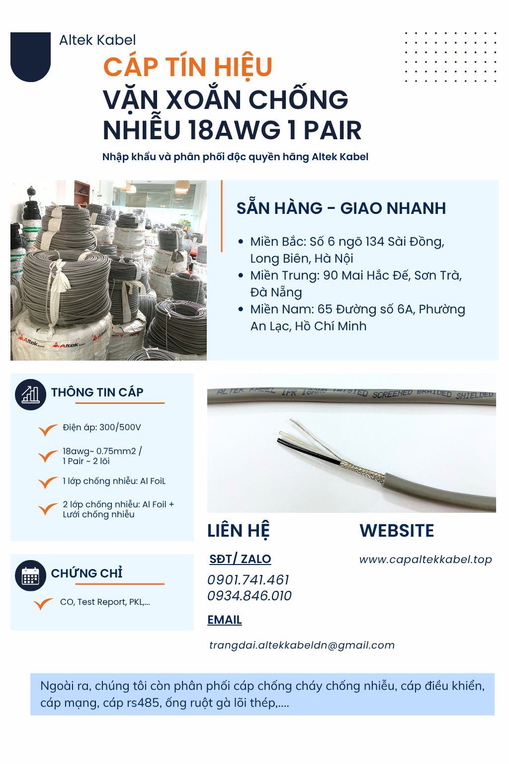 Cáp tín hiệu vặn xoắn chống nhiễu 18AWG 1 Pair tại Quảng Trị, Quảng Ngãi, Quảng Nam