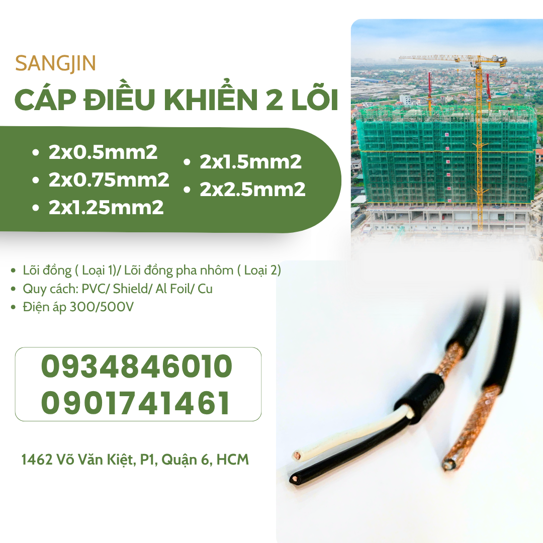 Tổng kho phân phối cáp điện Sangjin 2 lõi tại Sài Gòn, Đồng Nai, Bình Dương