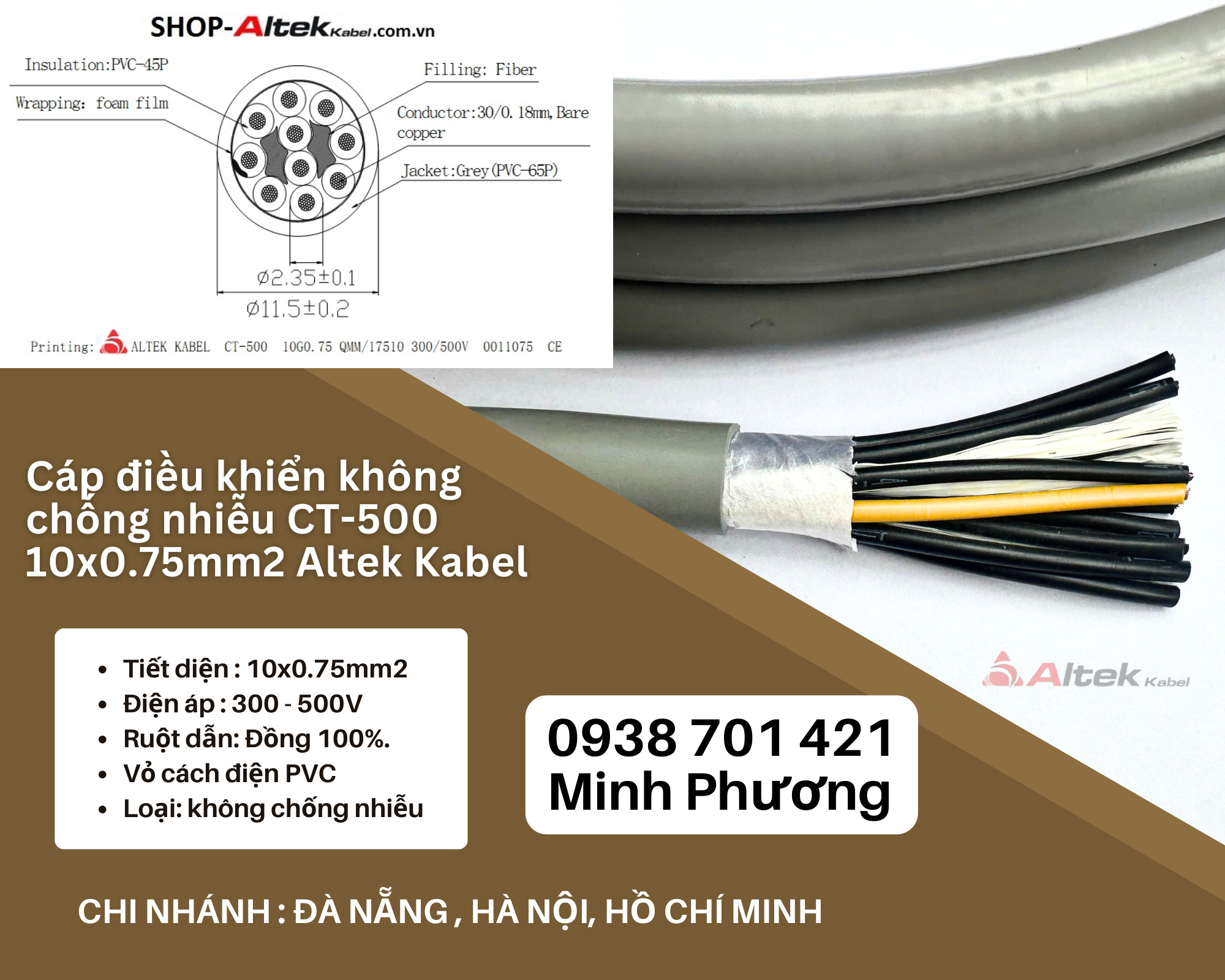 Cáp điều khiển không chống nhiễu CT-500 10x0.75mm2 Altek Kabel Đà Nẵng, Ninh Thuận, Bình Thuận