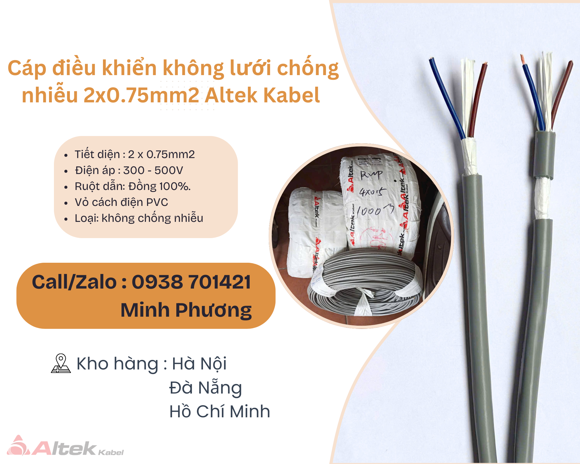 Cáp điều khiển không lưới chống nhiễu 2x0.75mm2 Altek Kabel Đà Nẵng, Bình Định, Nghệ An