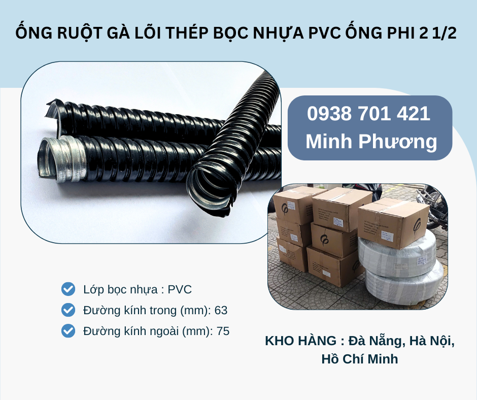 Ống ruột gà lõi thép bọc nhựa Pvc ống phi 2 1/2 có sẵn Đà Nẵng, Hà Nội, Hồ Chí Minh
