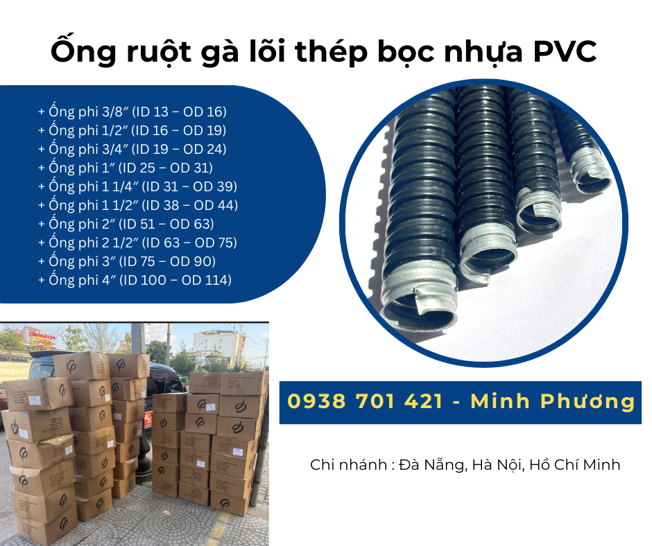 Ống ruột gà lõi thép bọc nhựa PVC giao ngay Đà Nẵng, Quãng Ngãi, Quảng Trị