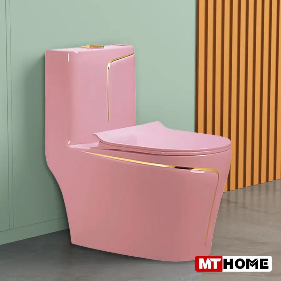 Bồn Cầu 1 Khối Màu Hồng Viền Vàng MTBC-101